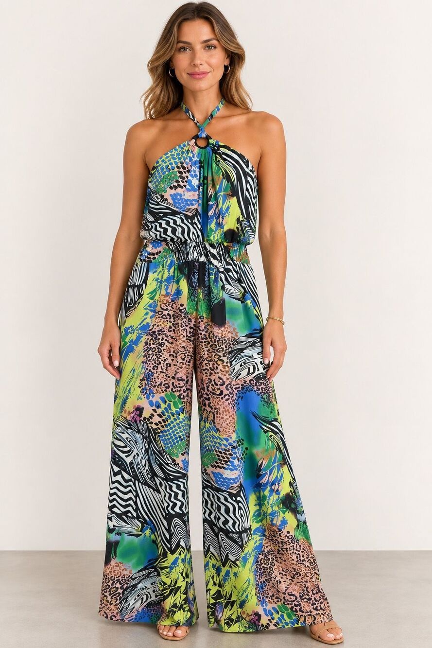 Authentic Brand Multicolor Halter Jumpsuit Wide Leg Animal Print Size 2X Lined